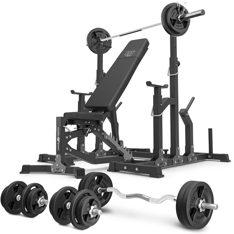 Set MS11_2.0_113KG | panca da allenamento regolabile bifacciale + cavalletti regolabili + barre rinforzate e pesi 113 kg - Marbo Sport