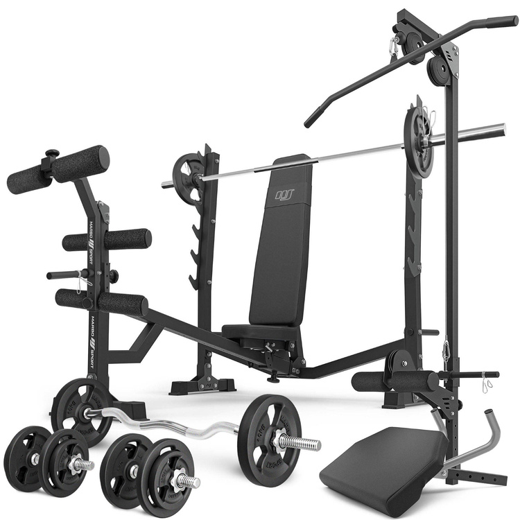 Set MS41_2.0_83KG | Panca regolabile con supporti e inclinazione negativa + modulo preacher + pressa per gambe + stazione pulldown + barre rinforzate e pesi 83 kg - Marbo Sport