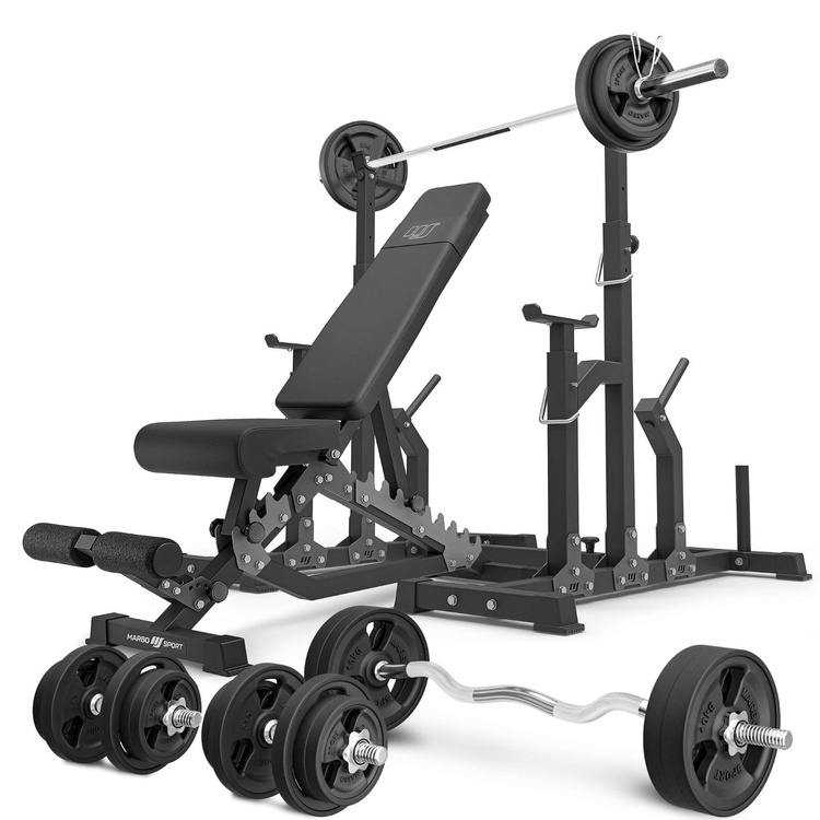 Set MS2_2.0_113KG_G | panca bifacciale + cavalletti regolabili + barre rinforzate e pesi gommati 113 kg - Marbo Sport