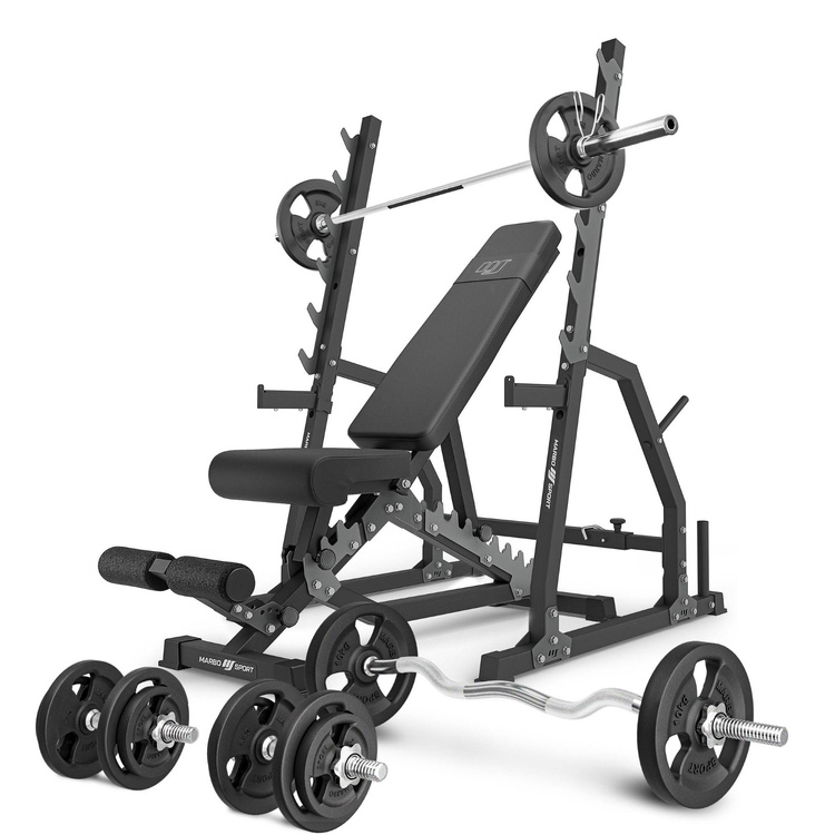Set MS3_2.0_83KG | panca bifacciale + cavalletti da palestra con assicurazione e regolazione della distanza + barre rinforzate e pesi 83 kg - Marbo Sport
