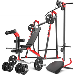Set MH26_147KG_KIER | Panca regolabile per esercizi MH-L115 + supporti multilivello MH-S204 + supporto per esercizi per gambe MH-A102 + modulo preacher MH-A101 + stazione pulldown MH-W104 + barre rinforzate e pesi 83 kg - Marbo Sport