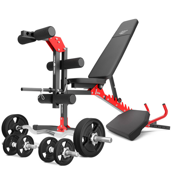 Set MH1_68KG_KIER_G | Panca regolabile per esercizi MH-L115 + modulo preacher per panca Home MH-A101 + supporto per esercizi per gambe MH-A102 + barre rinforzate e pesi gommati 42 kg - Marbo Sport