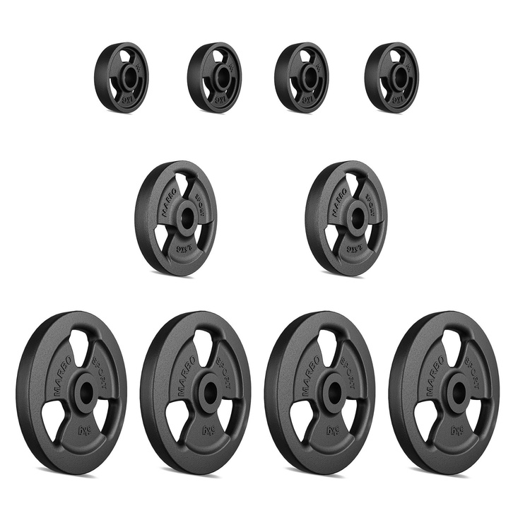 Set di pesi in ghisa Tri-Grip con foro ø31 mm | Set 29 kg / 4 x 5 kg + 2 x 2,5 kg + 4 x 1 kg - Marbo Sport