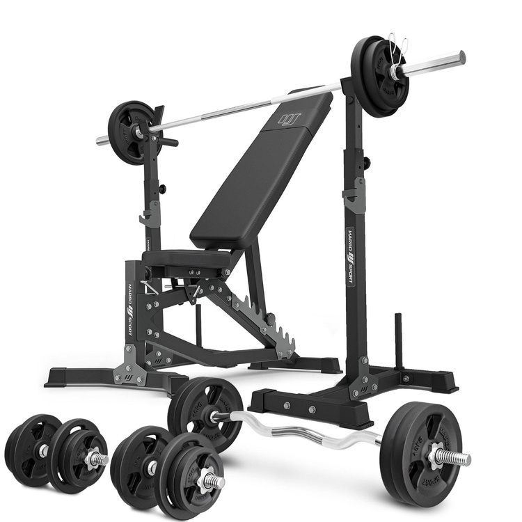 Set MS30_2.0_113KG | panca da allenamento regolabile bifacciale + portabilancieri multilivello (2 pezzi) con assistenza + barre rinforzate e pesi 113 kg - Marbo Sport