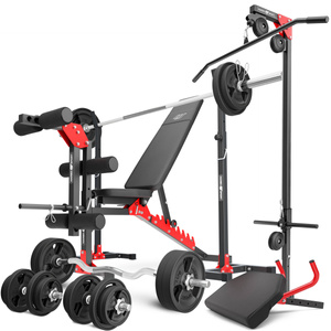 Set MH25_162KG_KIER_G | Panca regolabile per esercizi MH-L115 + supporti orientabili MH-S201 + supporto per esercizi per gambe MH-A102 + modulo preacher MH-A101 + stazione pulldown MH-W104 + barre rinforzate e pesi gommati 113 kg - Marbo Sport