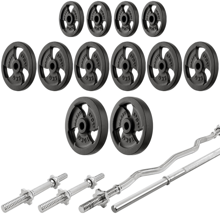 Set MS36_2.0_83KG | panca bifacciale + cavalletti da palestra + modulo preacher + pressa per gambe + stazione pulldown + barre rinforzate e pesi 83 kg - Marbo Sport