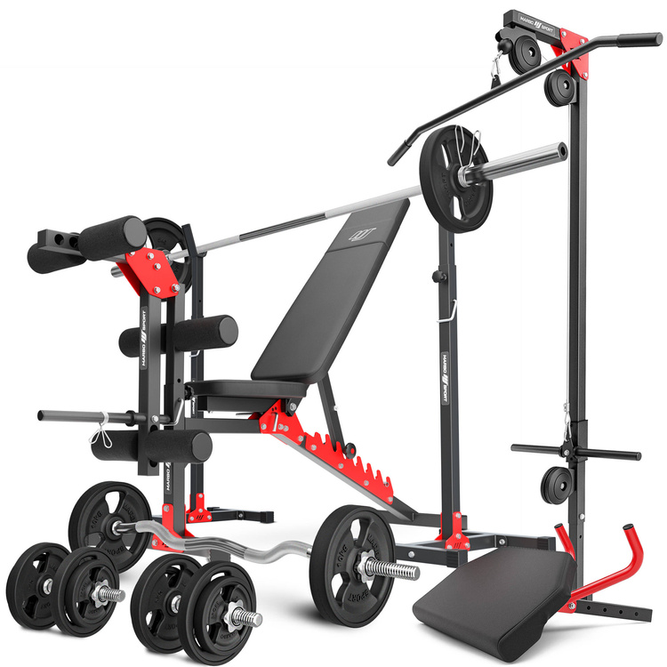 Set MH25_132KG_KIER_G | Panca regolabile per esercizi MH-L115 + supporti orientabili MH-S201 + supporto per esercizi per gambe MH-A102 + modulo preacher MH-A101 + stazione pulldown MH-W104 + barre rinforzate e pesi gommati 83 kg - Marbo Sport