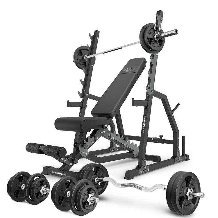 Set MS3_2.0_113KG | panca bifacciale + cavalletti da palestra con assicurazione e regolazione della distanza + barre rinforzate e pesi 113 kg - Marbo Sport