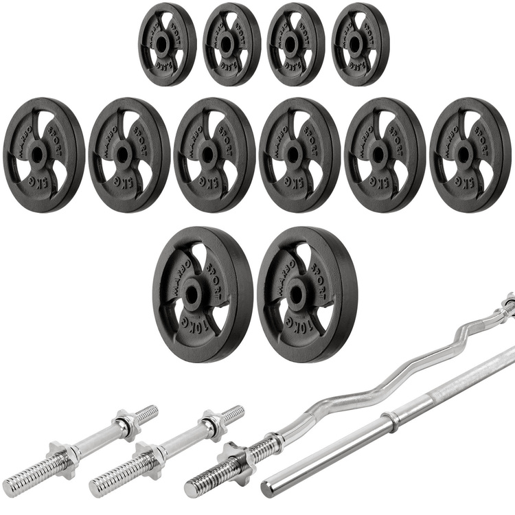 Set MH10_136KG_KIER | Panca reclinabile regolabile MH-L114 + supporti multilivello MH-S204 + Panca Scott (modulo preacher) MH-L105 + barre rinforzate e pesi 83 kg - Marbo Sport