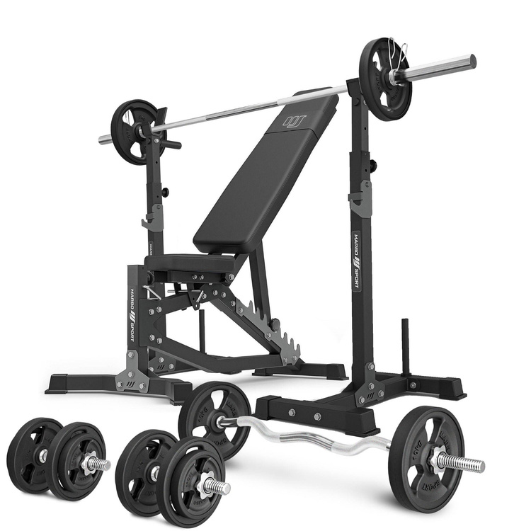Set MS30_2.0_83KG_G | panca da allenamento regolabile bifacciale + portabilancieri multilivello (2 pezzi) con assistenza + barre rinforzate e pesi gommati 83 kg - Marbo Sport