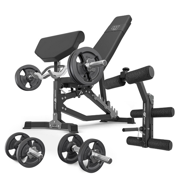 Set MS39_2.0_42KG | panca bifacciale + modulo preacher + pressa per gambe + barre rinforzate e pesi 42 kg - Marbo Sport