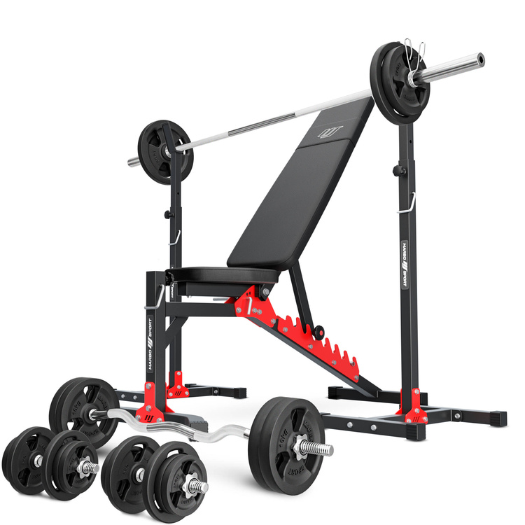 Set MH19_141KG_KIER | Panca regolabile per esercizi MH-L115 + supporti orientabili MH-S201 + barre rinforzate e pesi 113 kg - Marbo Sport