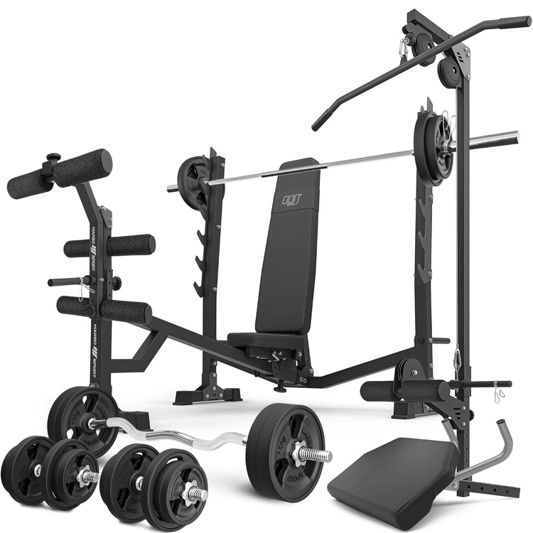 Set MS41_2.0_113KG_G |Panca regolabile con supporti e inclinazione negativa + modulo preacher + pressa per gambe + stazione pulldown + barre rinforzate e pesi gommati 113 kg - Marbo Sport