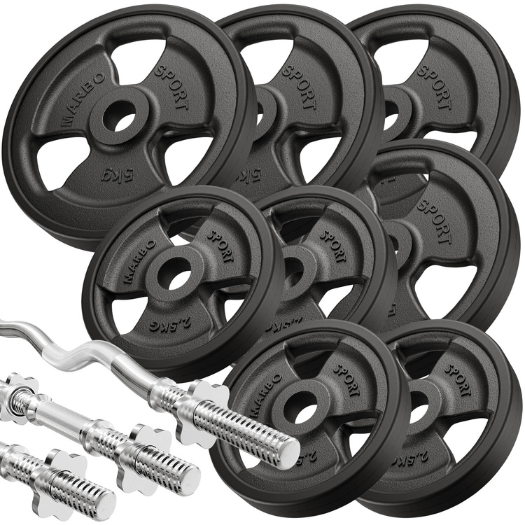 Set MH1_68KG_KIER_G | Panca regolabile per esercizi MH-L115 + modulo preacher per panca Home MH-A101 + supporto per esercizi per gambe MH-A102 + barre rinforzate e pesi gommati 42 kg - Marbo Sport