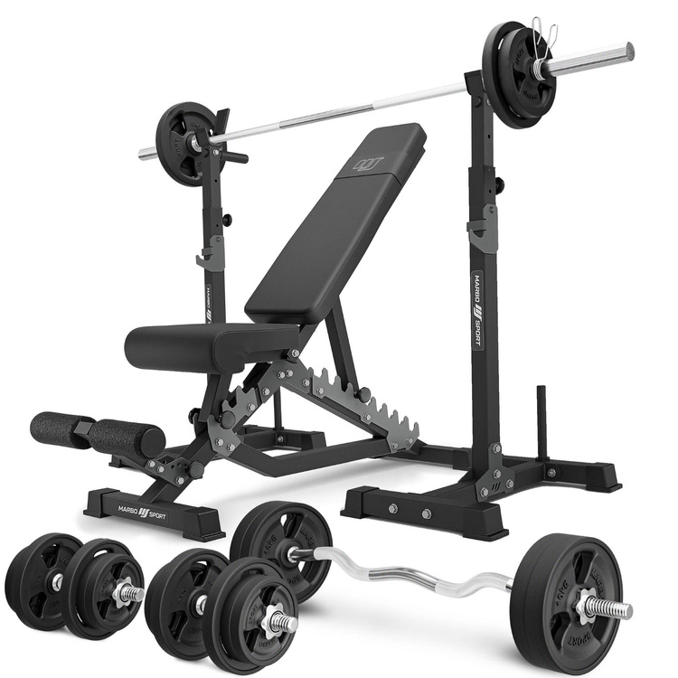 Set MS34_2.0_113KG_G | panca bifacciale + portabilancieri multilivello (2 pezzi) con assistenza + barre rinforzate e pesi gommati 113 kg - Marbo Sport