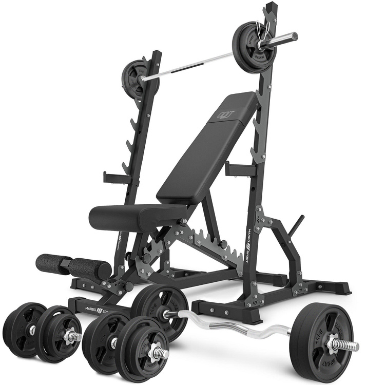 Set MS24_2.0_113KG_G | panca bifacciale + stativi multilivello (2 pezzi) + barre rinforzate e pesi gommati 113 kg - Marbo Sport