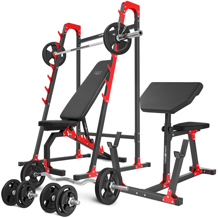 Set MH10_136KG_KIER | Panca reclinabile regolabile MH-L114 + supporti multilivello MH-S204 + Panca Scott (modulo preacher) MH-L105 + barre rinforzate e pesi 83 kg - Marbo Sport