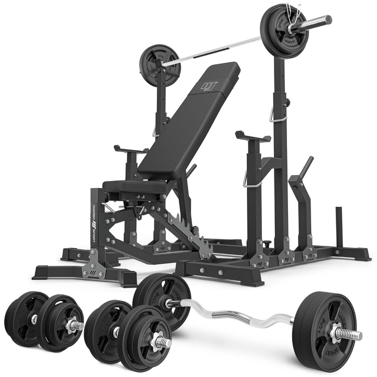 Set MS11_2.0_113KG_G | panca da allenamento regolabile bifacciale + cavalletti regolabili + barre rinforzate e pesi gommati 113 kg - Marbo Sport