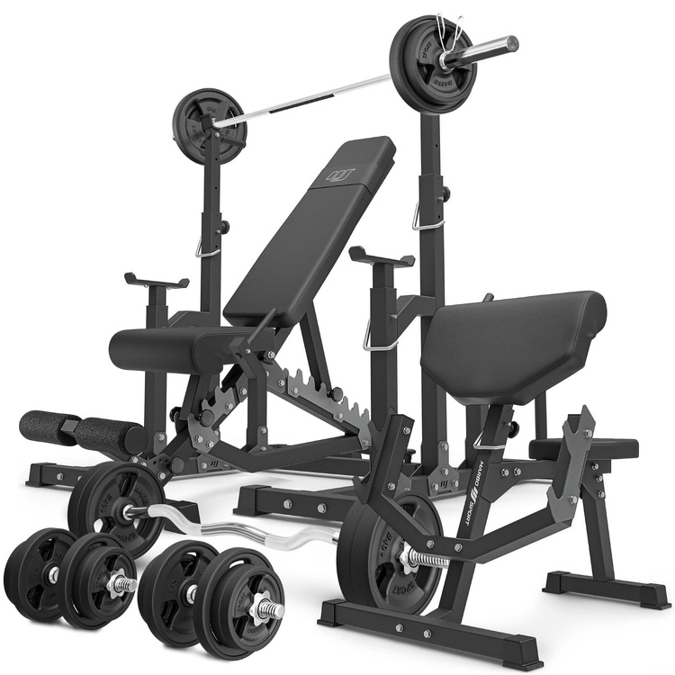 Set MS5_2.0_113KG_G | panca bifacciale + cavalletti regolabili + Panca Scott con supporto regolabile + barre rinforzate e pesi gommati 113 kg - Marbo Sport