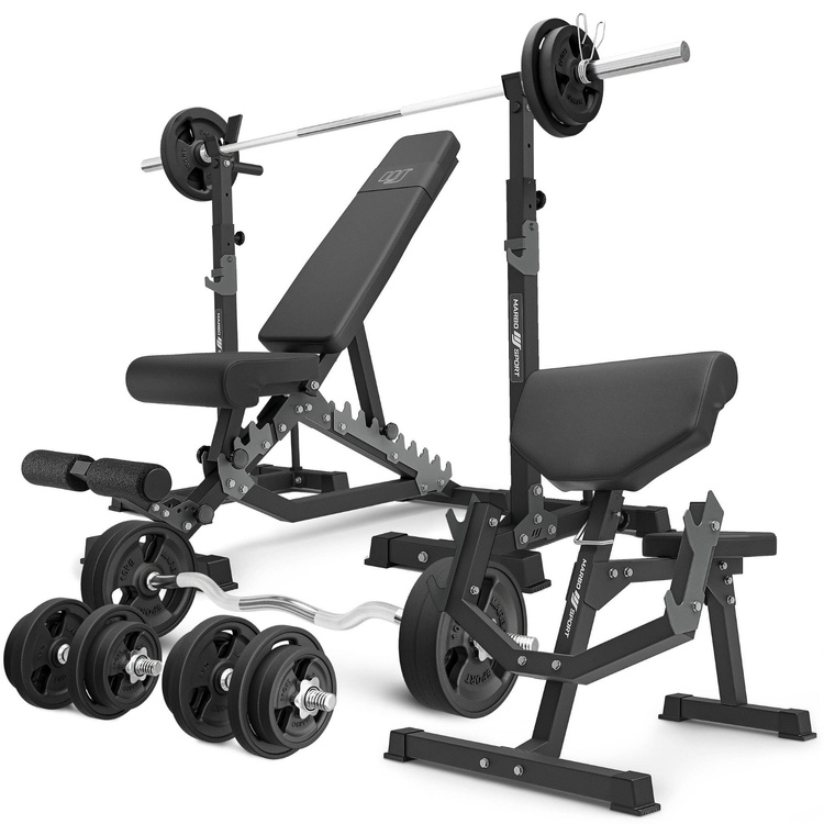 Set MS33_2.0_113KG_G | panca bifacciale + portabilancieri multilivello + Panca Scott con supporto regolabile + barre rinforzate e pesi gommati 113 kg - Marbo Sport
