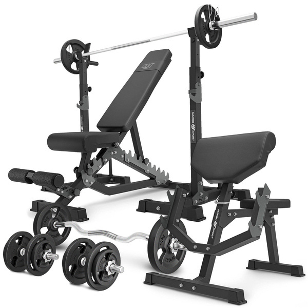 Set MS33_2.0_83KG | panca bifacciale + portabilancieri multilivello + Panca Scott con supporto regolabile + barre rinforzate e pesi 83 kg - Marbo Sport