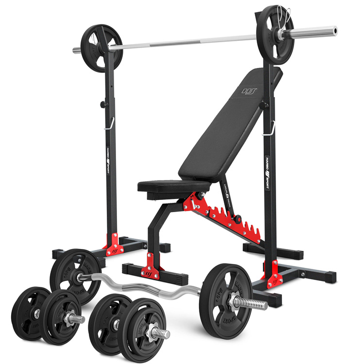 Set MH7_110KG_KIER_G | Panca reclinabile regolabile MH-L114 + supporti orientabili (2 pezzi) MH-S201 + barre rinforzate e pesi gommati 83 kg - Marbo Sport