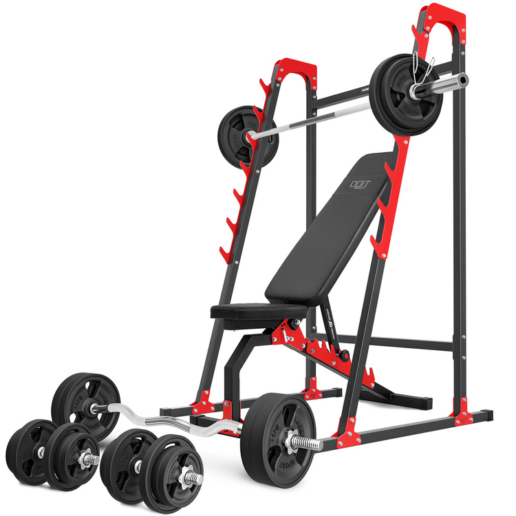 Set MH8_155KG_KIER_G | Panca reclinabile regolabile MH-L114 + supporti orientabili (2 pezzi) MH-S201 + barre rinforzate e pesi gommati 113 kg - Marbo Sport