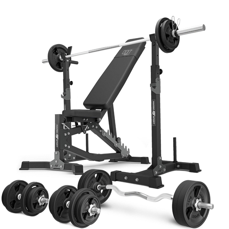 Set MS30_2.0_113KG_G | panca da allenamento regolabile bifacciale + portabilancieri multilivello (2 pezzi) con assistenza + barre rinforzate e pesi gommati 113 kg - Marbo Sport