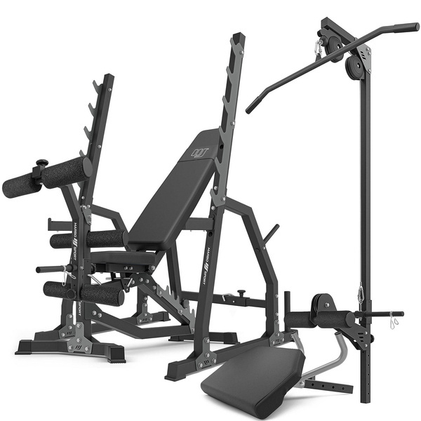 Set MS36_2.0 | panca bifacciale + cavalletti da palestra + modulo preacher + pressa per gambe + stazione pulldown - Marbo Sport