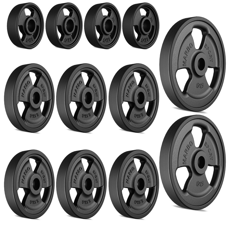 Set pesi in ghisa gommati Tri-Grip con foro ø 31 mm | Set 29 kg / 2 x 5 kg + 6 x 2,5 kg + 4 x 1 kg - Marbo Sport