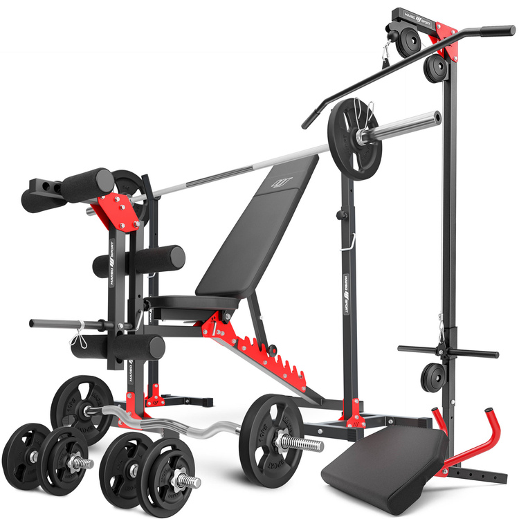 Set MH25_132KG_KIER | Panca regolabile per esercizi MH-L115 + supporti orientabili MH-S201 + supporto per esercizi per gambe MH-A102 + modulo preacher MH-A101 + stazione pulldown MH-W104 + barre rinforzate e pesi 83 kg - Marbo Sport