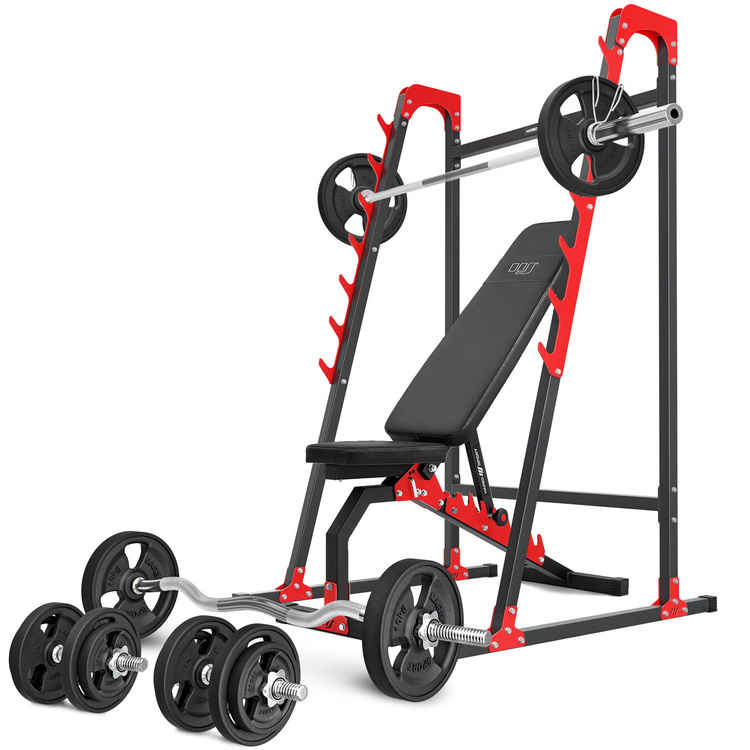 Set MH8_125KG_KIER_G | Panca reclinabile regolabile MH-L114 + supporti orientabili (2 pezzi) MH-S201 + barre rinforzate e pesi gommati 83 kg - Marbo Sport