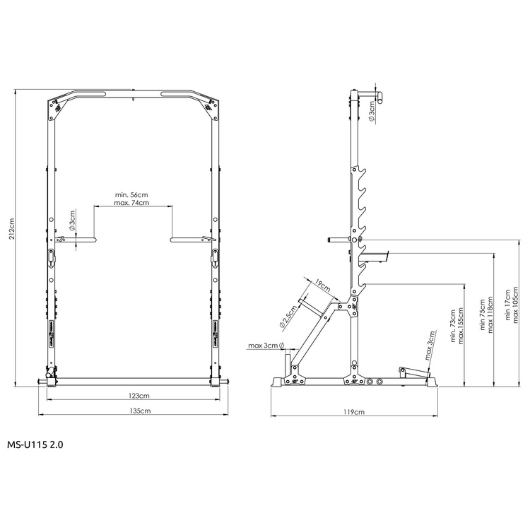 Mezza gabbia per squat con barra per pull up con rack e stazione per dip + attacco per mine MS-U115 2.0 - Marbo Sport
