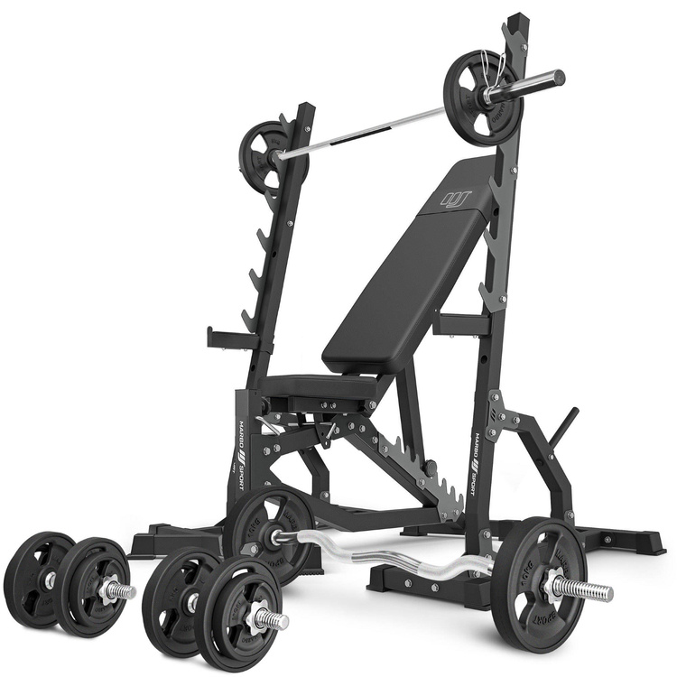 Set MS8_2.0_83KG_G | panca da allenamento regolabile bifacciale + stativi multilivello (2 pezzi) + barre rinforzate e pesi gommati 83 kg - Marbo Sport