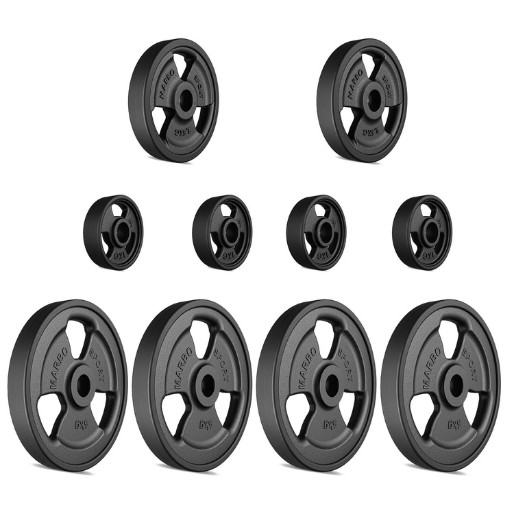 Set pesi in ghisa gommati Tri-Grip con foro ø 31 mm | Set 29 kg / 4 x 5 kg + 2 x 2,5 kg + 4 x 1 kg - Marbo Sport