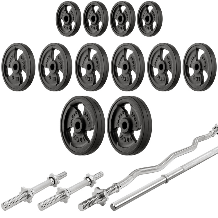 Set MH9_121KG_KIER_G | Panca reclinabile regolabile MH-L114 + supporti orientabili (2 pezzi) MH-S201 + panca Scott (modulo preacher) MH-L105 + barre rinforzate e pesi gommati 83 kg - Marbo Sport