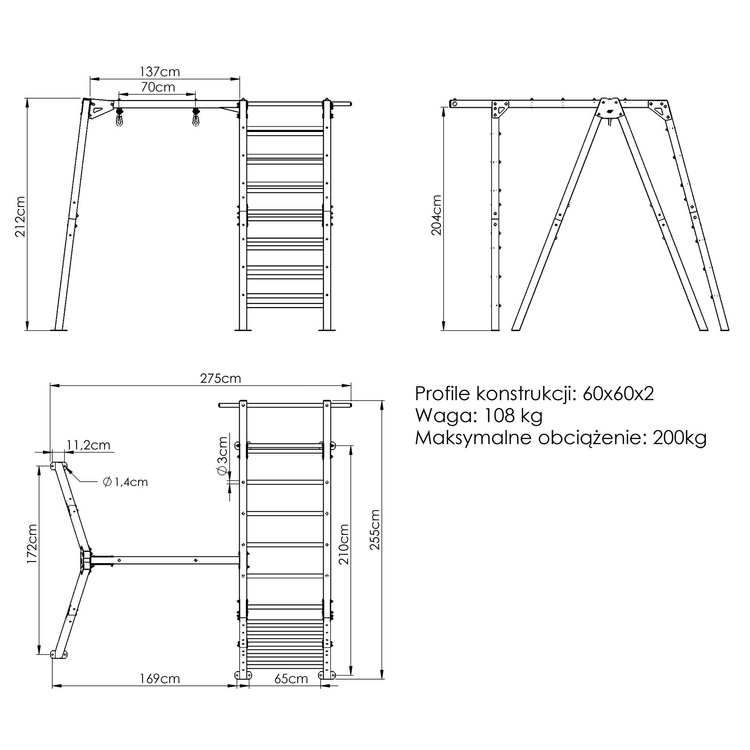 Scala ginnica PREMIUM - MO-016 + altalena singola PREMIUM (telaio) - MO-017 - Marbo Sport
