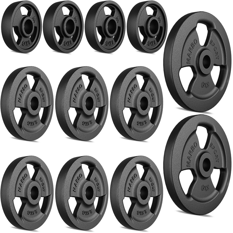 Set di pesi in ghisa Tri-Grip con foro ø31 mm | Set 29 kg / 2 x 5 kg + 6 x 2,5 kg + 4 x 1 kg - Marbo Sport