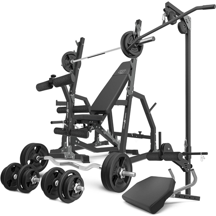 Set MS36_2.0_113KG | panca bifacciale + cavalletti da palestra + modulo preacher + pressa per gambe + stazione pulldown + barre rinforzate e pesi 113 kg - Marbo Sport
