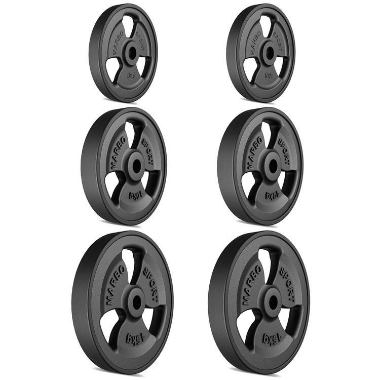 Set pesi in ghisa gommati Tri-Grip con foro ø 31 mm | Set 60kg / 2 x 15 kg + 2 x 10 kg + 2 x 5 kg - Marbo Sport