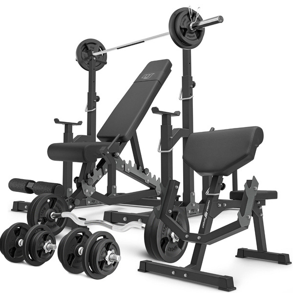 Set MS5_2.0_113KG | panca bifacciale + cavalletti regolabili + Panca Scott con supporto regolabile + barre rinforzate e pesi 113 kg - Marbo Sport