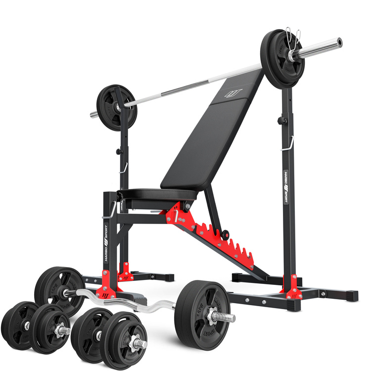 Set MH19_141KG_KIER_G | Panca regolabile per esercizi MH-L115 + supporti orientabili MH-S201 + barre rinforzate e pesi gommati 113 kg - Marbo Sport