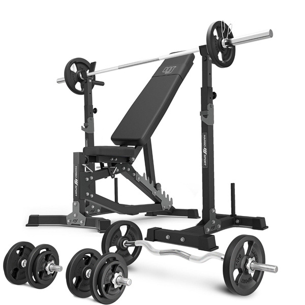 Set MS30_2.0_83KG | panca da allenamento regolabile bifacciale + portabilancieri multilivello (2 pezzi) con assistenza + barre rinforzate e pesi 83 kg - Marbo Sport