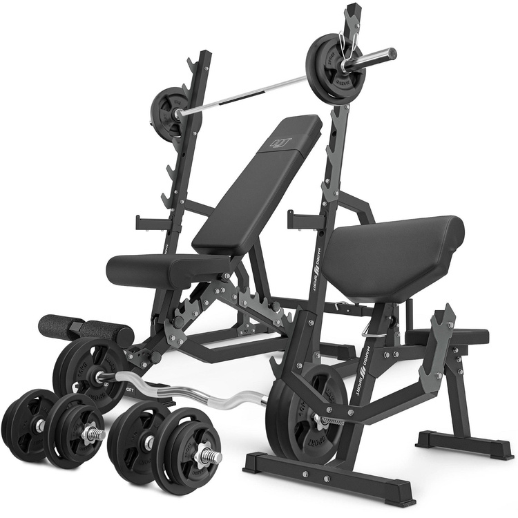 Set MS6_2.0_113KG | panca bifacciale + cavalletti da palestra + Panca Scott con supporto regolabile + barre rinforzate e pesi 113 kg - Marbo Sport