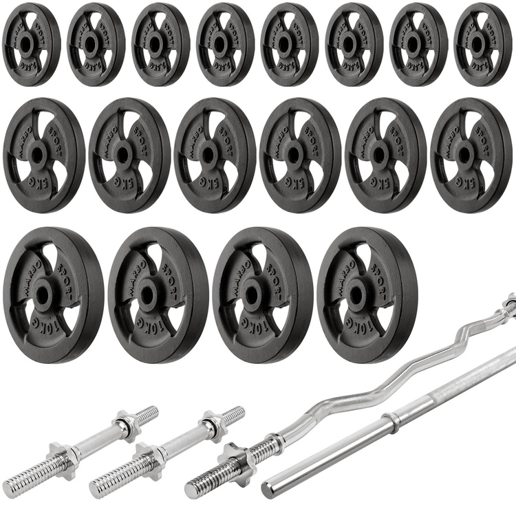 Set MS33_2.0_113KG | panca bifacciale + portabilancieri multilivello + Panca Scott con supporto regolabile + barre rinforzate e pesi 113 kg - Marbo Sport