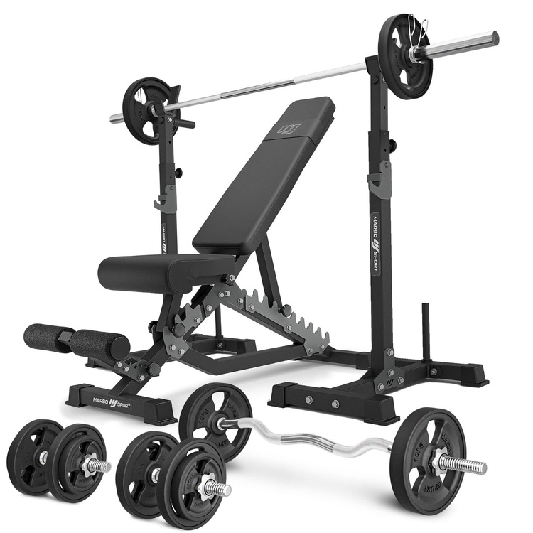 Set MS34_2.0_83KG_G | panca bifacciale + portabilancieri multilivello (2 pezzi) con assistenza + barre rinforzate e pesi gommati 83 kg - Marbo Sport