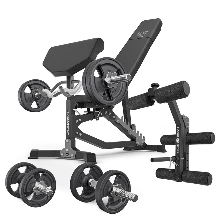 Set MS39_2.0_42KG_G | panca bifacciale + modulo preacher + pressa per gambe + barre rinforzate e pesi gommati 42 kg - Marbo Sport