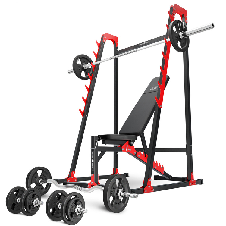 Set MH24_126KG_KIER | Panca regolabile per esercizi MH-L115 + supporti multilivello MH-S204 + barre rinforzate e pesi 83 kg - Marbo Sport