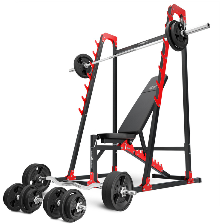 Set MH24_156KG_KIER_G | Panca regolabile per esercizi MH-L115 + supporti multilivello MH-S204 + barre rinforzate e pesi gommati 113 kg - Marbo Sport